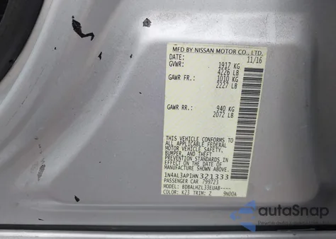 2017 Nissan Altima 2.5 Sr из США, поврежденный, VIN 1N4AL3AP1HN321333